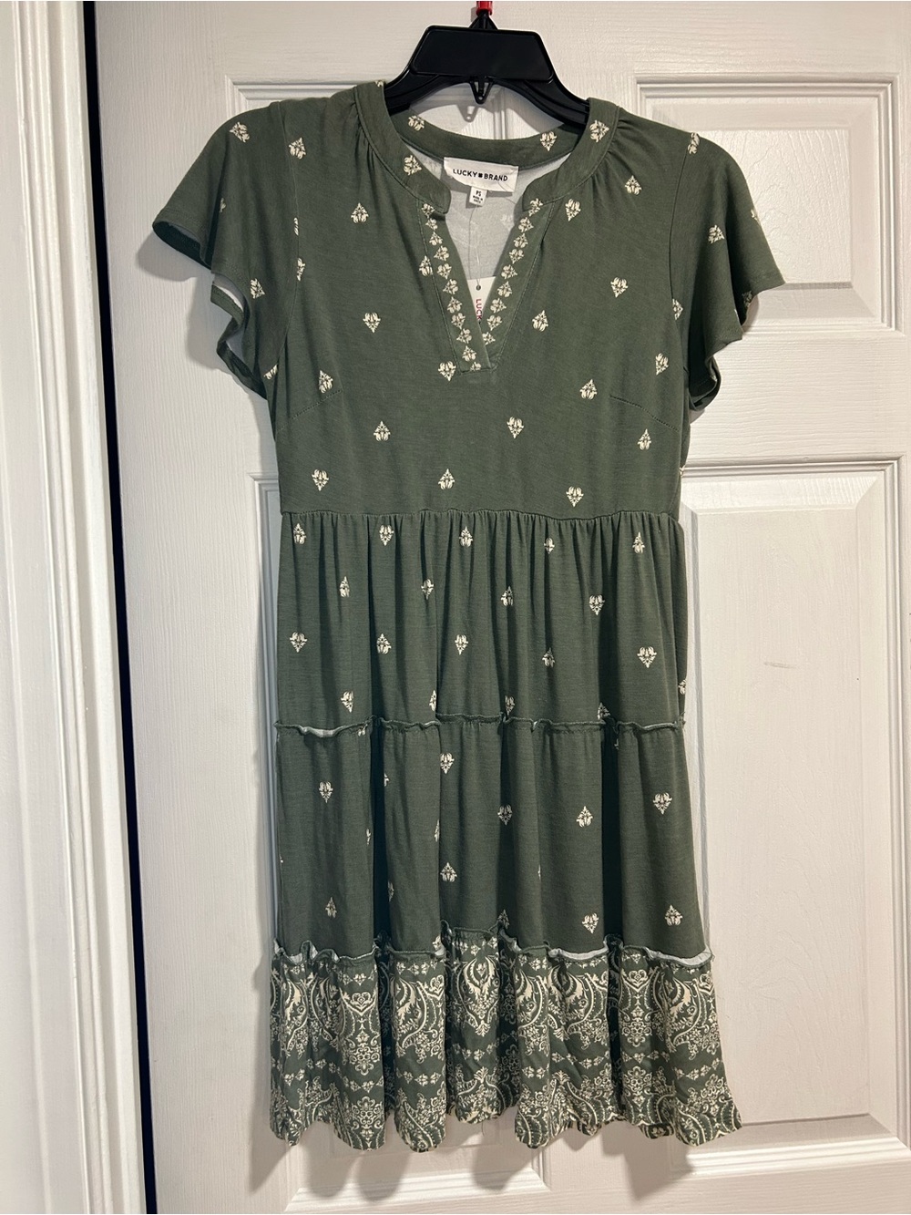 Lucky Brand Olive Green Tiered V-Neck Midi Dress with Printed Hem